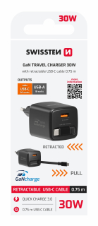SWISSTEN Síťová nabíječka SlideCharge GaN 30W + USB-A 18W s výsuvným USB-C kabelem 0,75 m černá