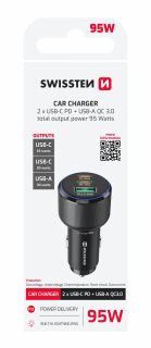 SWISSTEN Autonabíječka 2× USB-C Power Delivery + USB-A Quick Charge 95W černá