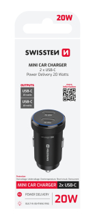 SWISSTEN Autonabíječka 2× USB-C Power Delivery 20W černá