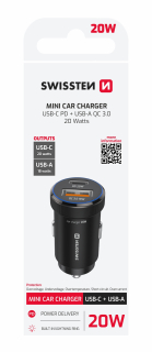 SWISSTEN Autonabíječka USB-C Power Delivery + USB-A Quick Charge 20W černá