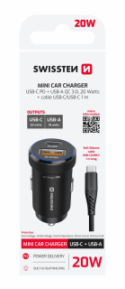 SWISSTEN Autonabíječka USB-C Power Delivery + USB-A Quick Charge 20W černá + USB-C kabel 1 m