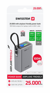 SWISSTEN Powerbanka 25 000 mAh 96,25 Wh 100W s integrovaným USB-C kabelem šedá