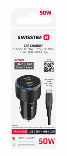 SWISSTEN Autonabíječka 2× USB-C Power Delivery 50W černá + USB-C kabel 1 m