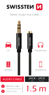 AUDIO CABLE SWISSTEN TEXTILE 3,5 mm JACK (male) - 3,5 mm JACK (female) 1,5 M BLACK