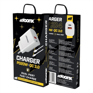 MOONX síťová nabíječka MC04 PD 20W 1xUSB-C + 1xUSB QC3.0 + kabel USB-C - USB-C bílá