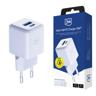 3mk síťová nabíječka Hyper GaN 20W PD QC 4.0 PPS USB-C + USB-A bílá