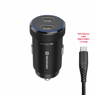 SWISSTEN Autonabíječka 2× USB-C PD 20 W + kabel USB-C 1 m černá